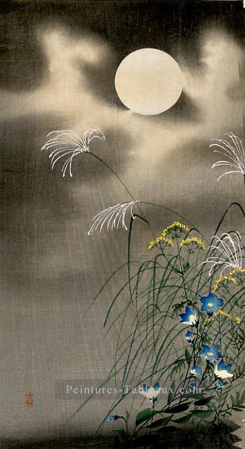 Lune et fleurs bleues Ohara KOSON japonais Peintures à l'huile